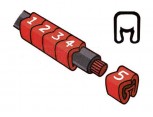 Návlečka na vodič, průřez 1,5-4,0mm2 / délka 3mm, s potiskem "+", červená cívka